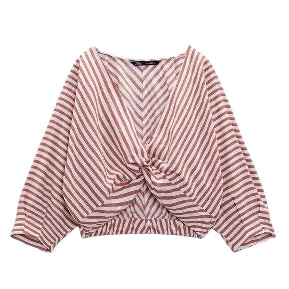 NWT Linen Blend Zara Red Terracotta and White Striped V-Neck Blouse Front Knot - Picture 4 of 10